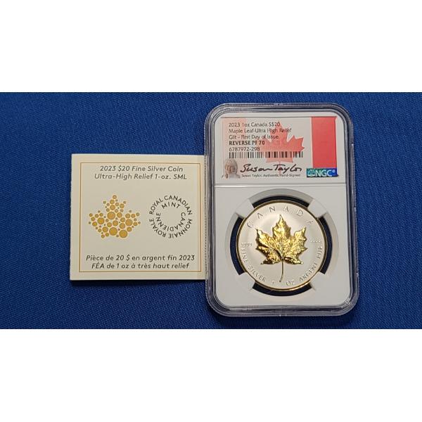 2023 NGC First Day Issue Reverse PF70 Ultra High Relief $20 1 Oz Silver Canadian Maple Leaf - Signed