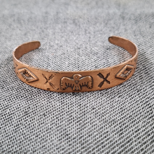 Very Nice Vintage 999 Copper Southwestern Style Bracelet Ft. Thunderbird & Arrow Motif Engravings ~ 
