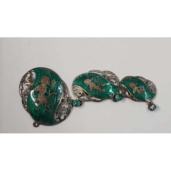 Vintage Siam Sterling Silver Green Enamel Jewelry - Weight: 22.2g