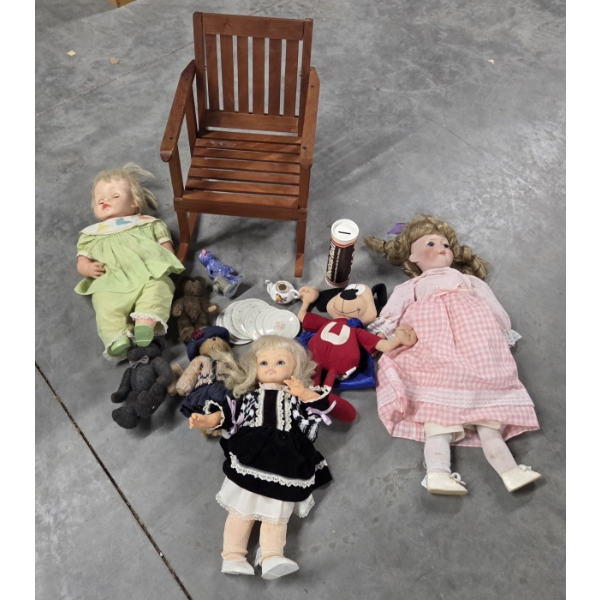 Vintage Dolls, Tin Doll Plates, Wood Rocking Chair And More