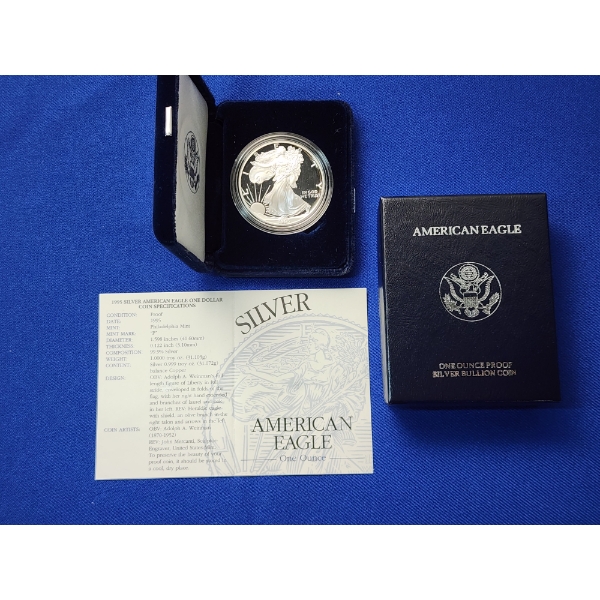 1995 Silver American Eagle $1 Proof - 1 Troy Ounce 99.9% Silver w/ Original Box & COA