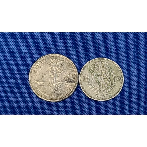 1944-S Philippines 20 Centavos Silver Coin & 1948 1 Krona Swedish Silver Coin 