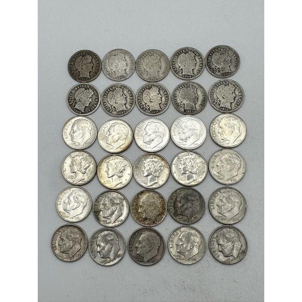 90% Silver Dimes Including Barber, Mercury, & Roosevelt - Face Value = $3.00
