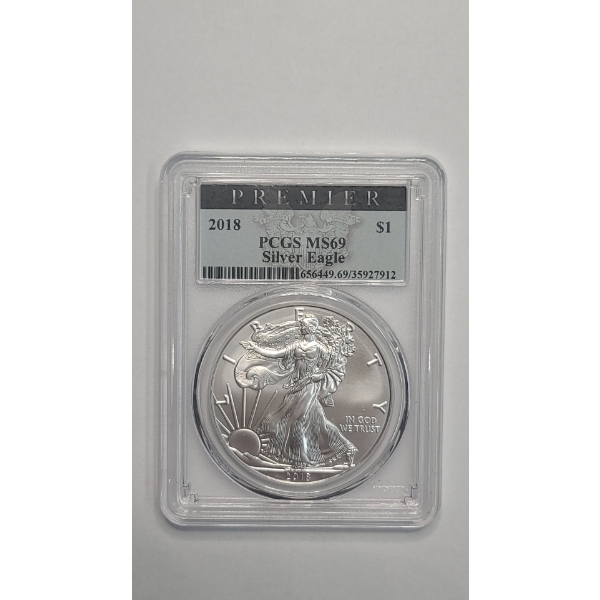 PCGS Premier 2018 MS69 1 Troy Ounce .999 Fine Silver American Eagle