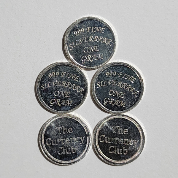5 Grams Total ~ Five 1 Gram Currency Club .999 Fine Silver Rounds