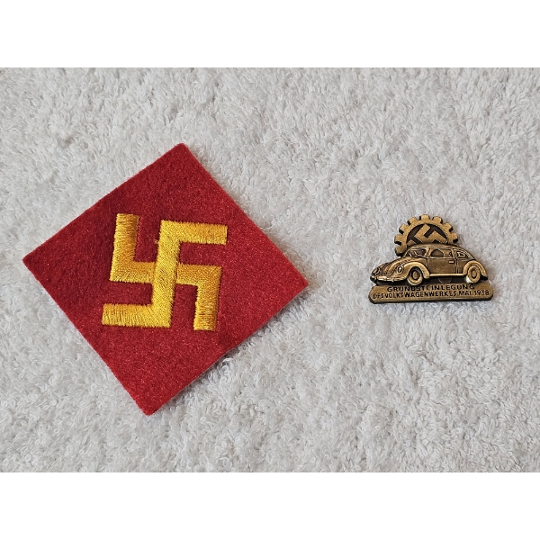 Assortment of Historical Items Including VW Pin and Pre-WWII Army Patch (2 1/2 x 2 1/2 Inches)
