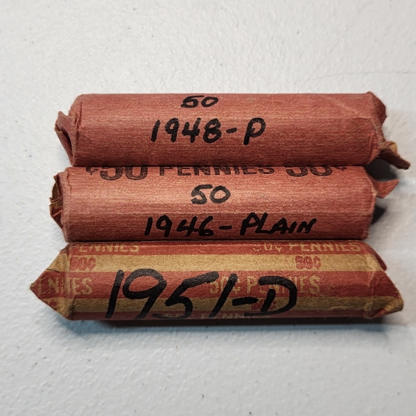 Three Rolls of 1940's/1950's United States Lincoln Wheat Cents - Face Value: ~$1.50