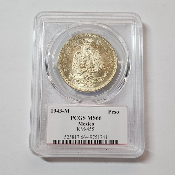 PCGS Graded MS66 1943-M Mexico 1 Peso Silver Coin KM-455 (.720 Fine, ASW .3856 oz)