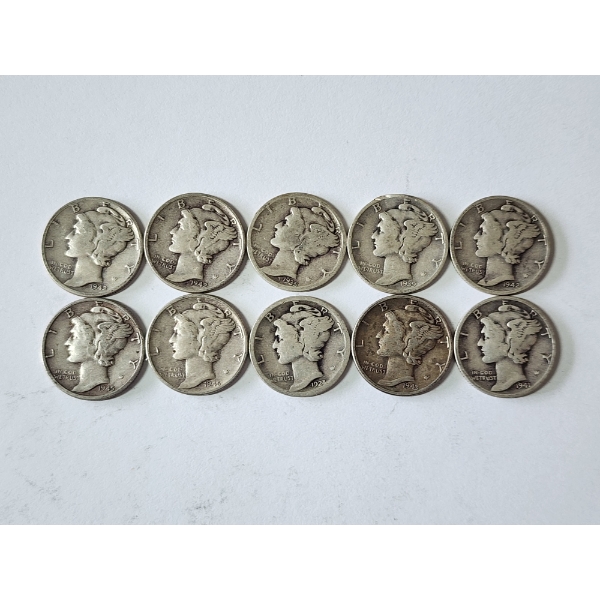 x10 Assorted Years & Mint Marks U.S. 90% Silver Mercury Dimes FV: $1.00