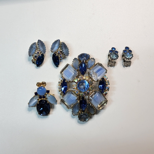 Nice Blue Gemstone Jewelry Set: Large Brooch, Clip on Earrings, Bee Pin