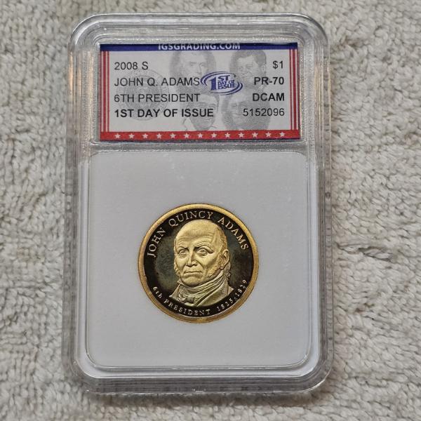 2008-S John Quincy Adams Presidential Dollar, graded PR-70 by ICG with First Day Certificate
