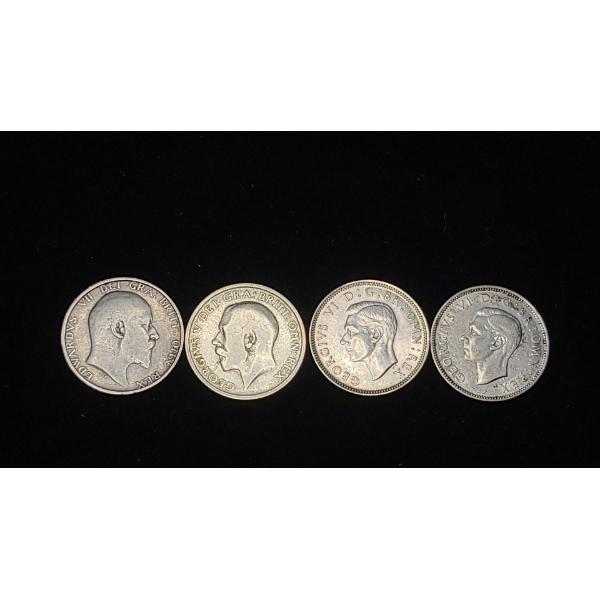 1910, 1920, 1940, 1945 British One Shilling 0.5000 Silver Coins