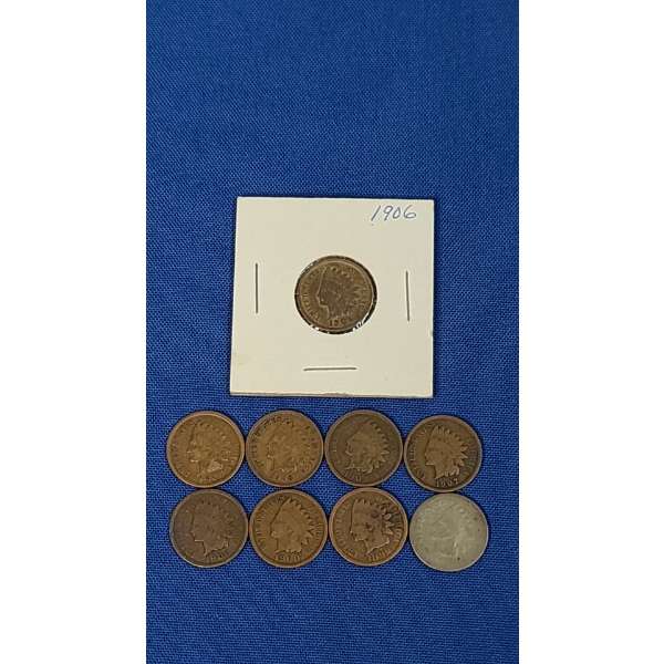 (9) Assorted Years Indian Head Pennies - Face Value: $0.09
