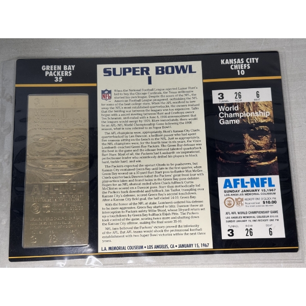 Authentic 1967 Super Bowl I NFL Football Ticket & 24K Gold Plated Ticket - Mint Condition