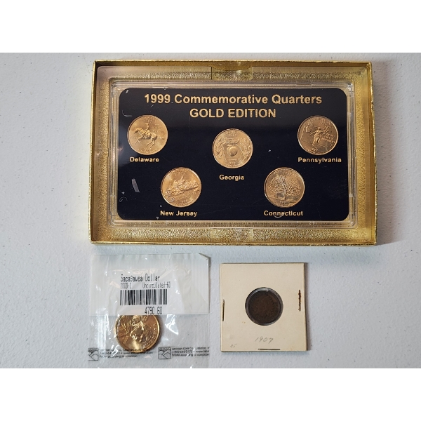 2000-D Sacagawea Dollar, 1907 Indian Head Cent, & 1999 24K Gold Layered Commemorative State Quarters