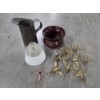 Image 1 : Vintage Collectables Including Stoneware Spitoon, Glass Lamp Shade, Tin Pitcher & More