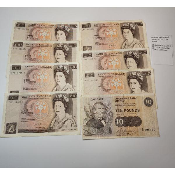 (7) Bank of England 10 Pound Note Series D & Clydesdale Bank PLC 10 Pound Banknote