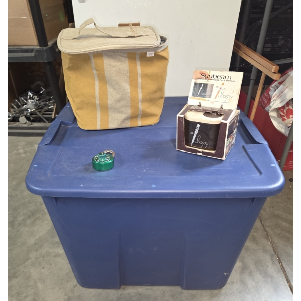 20 Gallon Latch Tote, New Padlock With Combination, New Lunch Tote & Vintage Pencil Sharpener