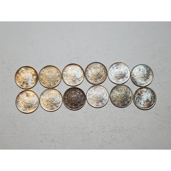 x12 German Empire 1/2 Mark Silver Coins .900 Silver 