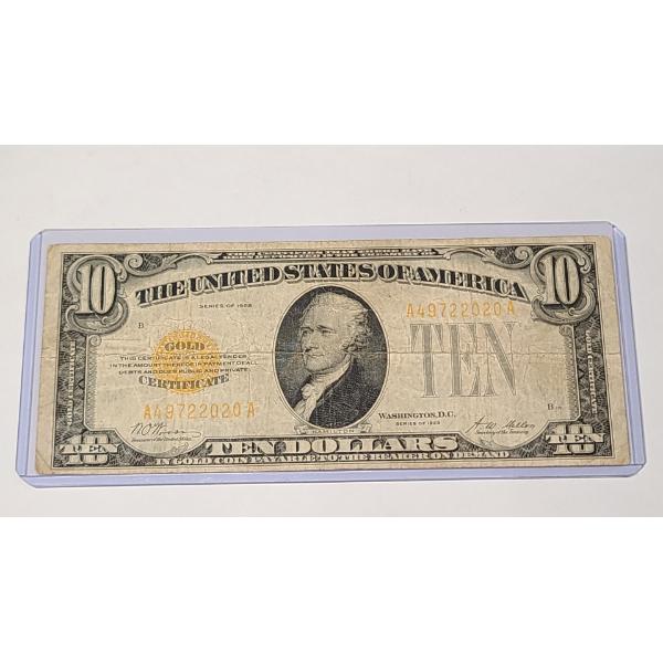 Series 1928 $10 United States Yellow Seal Gold Certificate With Woods & Mellon Signatures - FV: $10