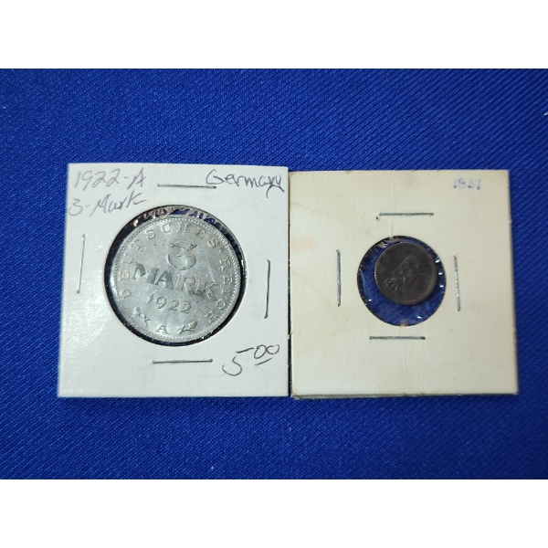 1837 2 Skilling Danish West Indies .250 Fine Silver Coin ASW: 0.0098 oz & 1922-A Germany 3-Mark Coin