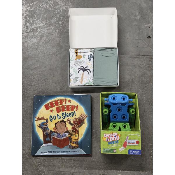 All Brand New- 2 Pack & Play Sheets, Book And Robot 
