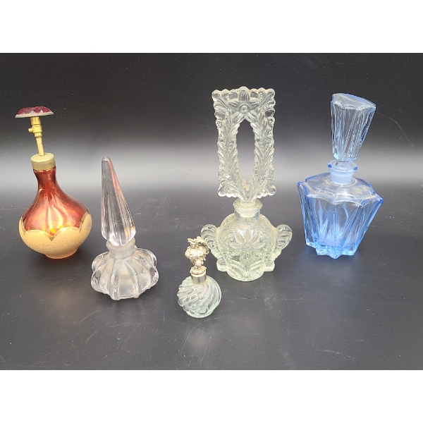 5 Vintage Perfume Bottles with Stoppers - Very Unique and Fun! Red, Blue, Purple, Clear
