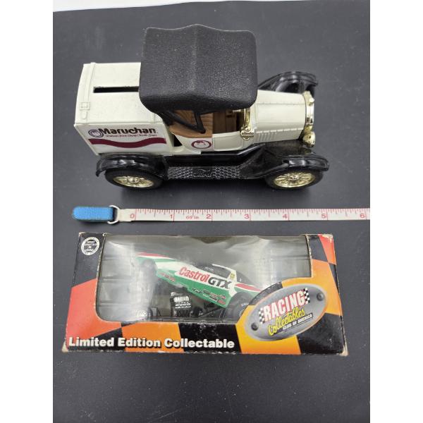 Ertle Maruchan 1918 Runabout Bronze Coin Bank 6.5'' And Castrol 3.5'' GTX Race Car Both In Excellent