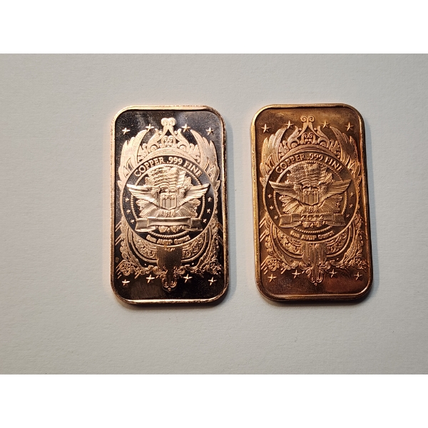 (2) 1 AVDP ounce .999 Fine Copper Bars ft. Morgan Dollar Design & Buffalo Design 2 oz Total