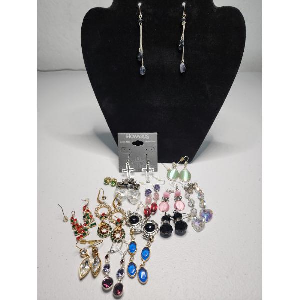 16 Pairs of Assorted Costume Earrings Including Silver/Gold-Tone, Studs, Dangle, Holiday