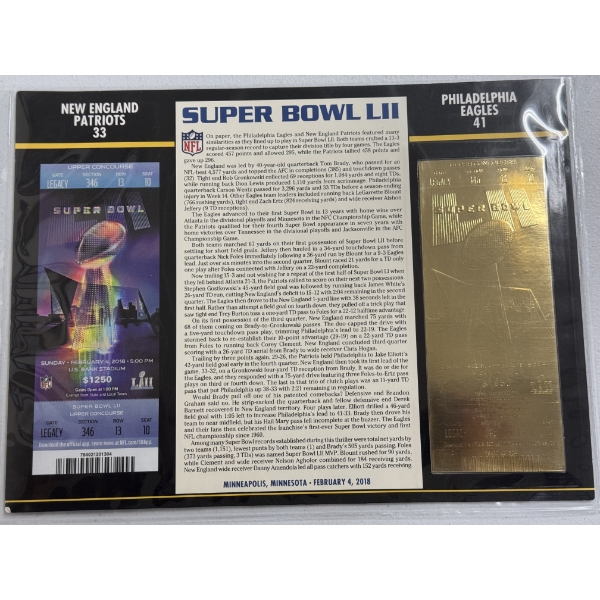 Authentic 2018 Super Bowl LII NFL Football Ticket & 24K Gold Plated Ticket - Mint Condition
