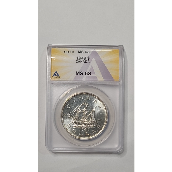 ANACS 1949 MS 63 Canadian 80% Silver "Matthew's Ship Newfoundland" King George VI Dollar