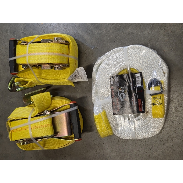 Two New 27'' Heavy Duty Ratchet Straps, And Two 20'' Tow Straps