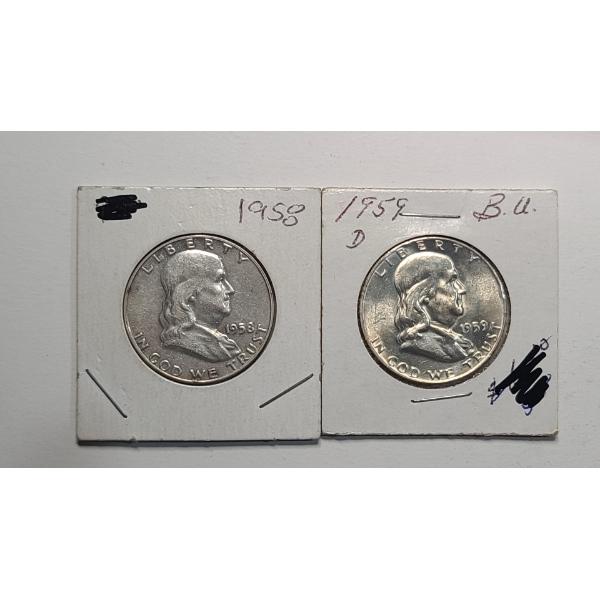 United States 1958 & 1959-D 90% Silver Franklin Half Dollars - Face Value: $1.00