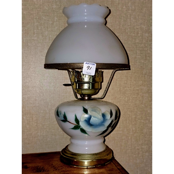 Milk Glass Hurricane Lamp with Blue and White Flowers