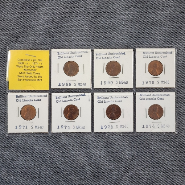 COMPLETE 7 PIECE SAN FRANCISCO MINT Lincoln Pennies DATING 1968-1974 ~ ALL UNCIRCULATED! ~ 7 COINS!