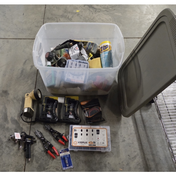 Storage Tote With Lid, Including Pneumatic Spray Gun, Light, & Lots Of New Hardware