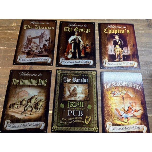 6 Tin 12''x9'' Decorative Welcome Signs - The Rambling Frog - The George - The Scrumping Fox & More