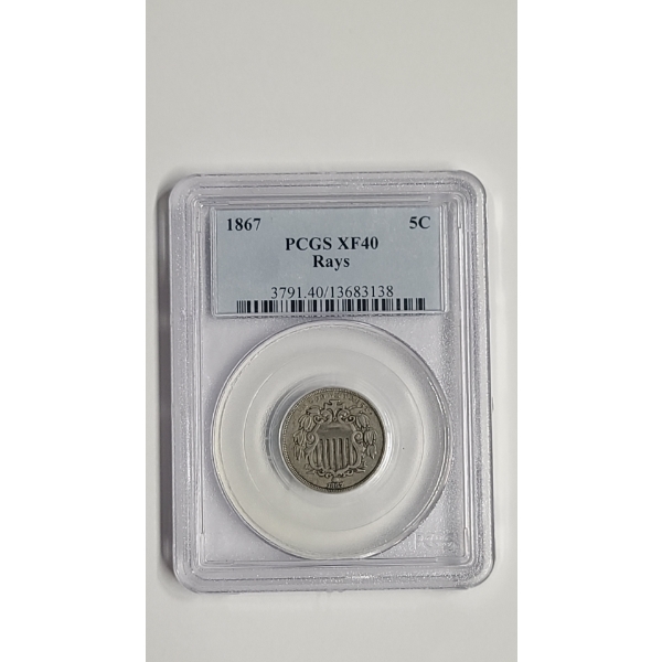 PCGS XF 40 1867 Shield Nickel With Rays