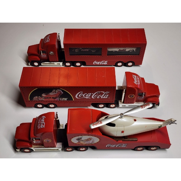 Lot of Three Assorted Collectible Coca-Cola Toy Semi Truck, Car & Chopper Hauler 
