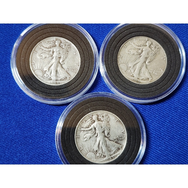 x3 90% Silver Walking Liberty Half Dollars 1944, 1944, 1943 In Capsules FV: $1.50