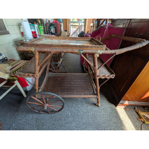 Beautiful Wicker Tea Cart With Floral Glass Top