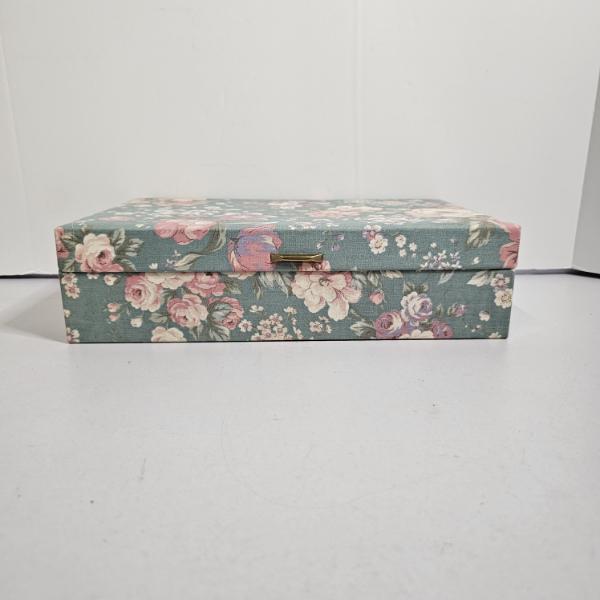 Vintage 9x15" Floral Fabric Covered Jewelry Box With Removable Tray And Built-In Mirror
