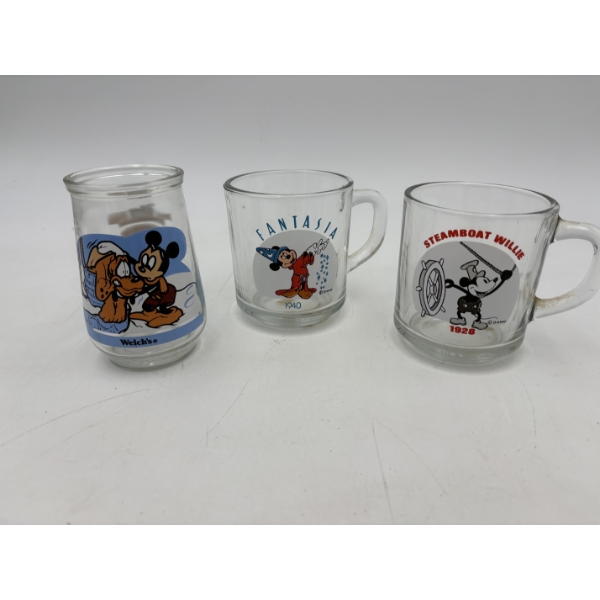 Mickey Mouse 3 Glass Mugs - Welch's Cup Mickey & Pluto - Collectible Cups - Steamboat Willie