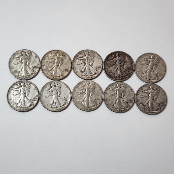 10 Assorted Years United States 90% Silver Walking Liberty Half Dollars - Face Value: $5.00