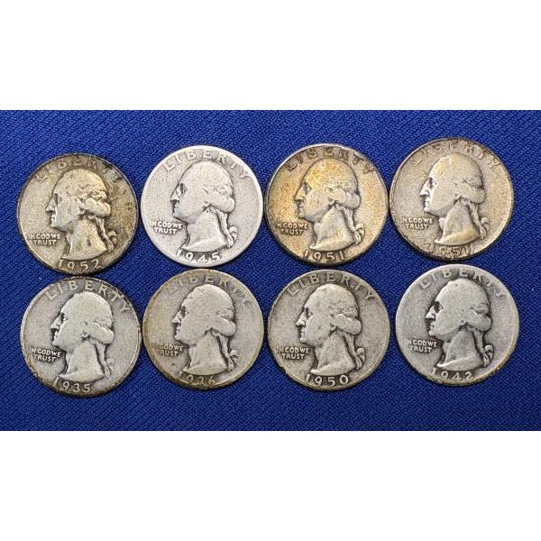 Lot of 8 Assorted Year 90% Silver Washington Quarters, FV $2.00