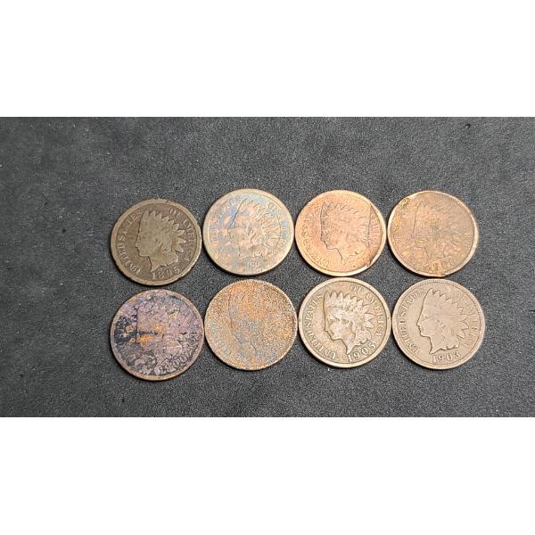 (8) Assorted Years Indian Head Cents - Face Value: $0.08