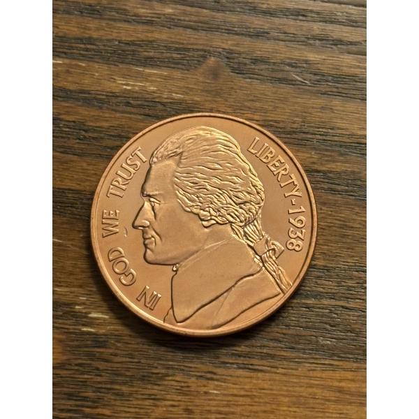 1 oz Copper Thomas Jefferson - One A.V.D.P Ounce - Liberty- 1938 - Encapsulated