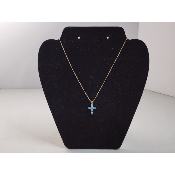 Beautiful 10K Gold Cross 16in Necklace with Blue Stones Total Weight 2.0g