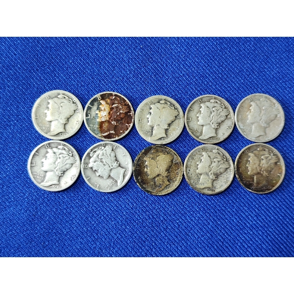 Lot of 10 Assorted Years Silver Mercury Dimes - 90% U.S. Silver - Face Value $1.00